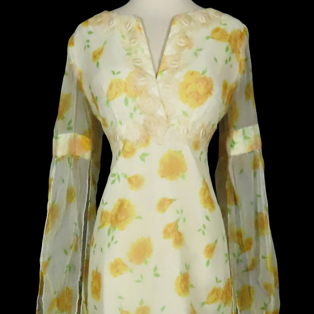 Vintage 70s Yellow Rose Floral Long Split Sleeves Empire Waist Maxi Dress L XL - Picture 14 of 16
